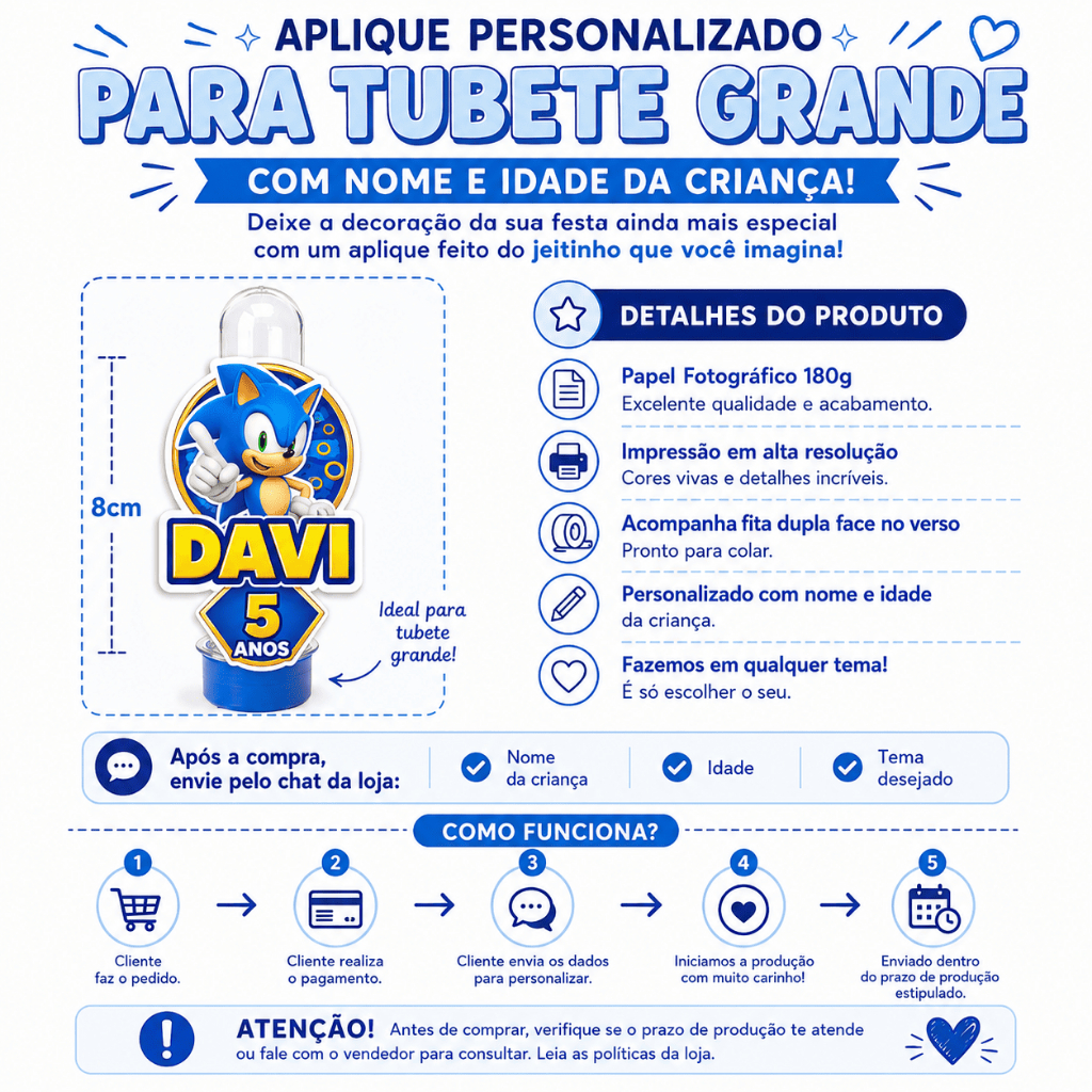 Aplique Personalizado para Tubete Grande | Nome e Idade | Lembrancinha de Festa Infantil | Fazemos Qualquer Tema