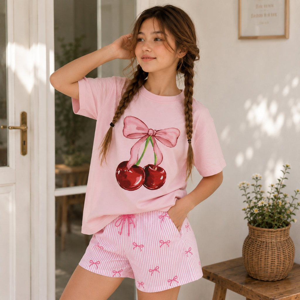 Camisa Infantil Cereja Laço Rosa Camiseta Blogueirinha Feminina Mocinha Criança Casual Conforto Algodão