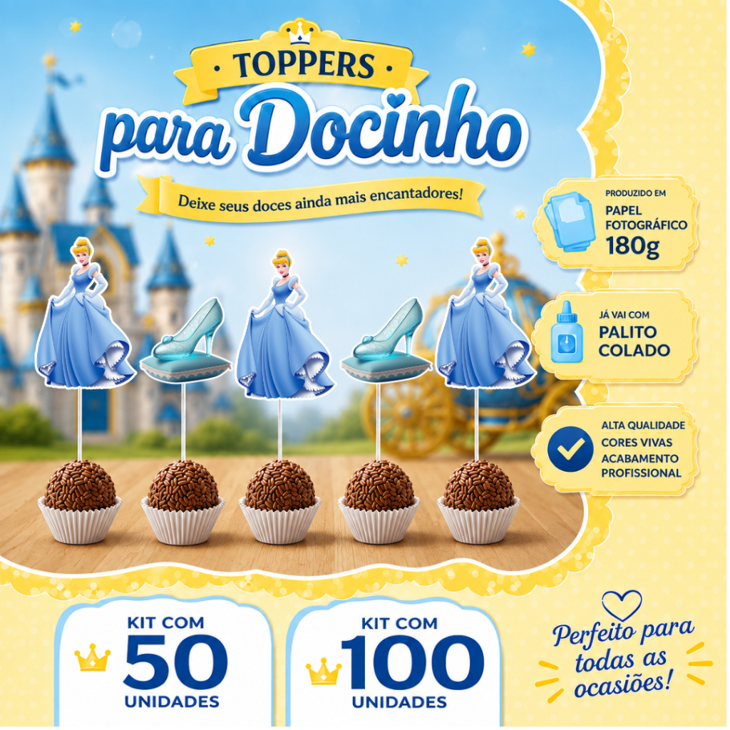 50 ou 100 Toppers Tags Topos  para docinho Cinderela - Lembrancinha de Aniversário - Personalizados Cinderela