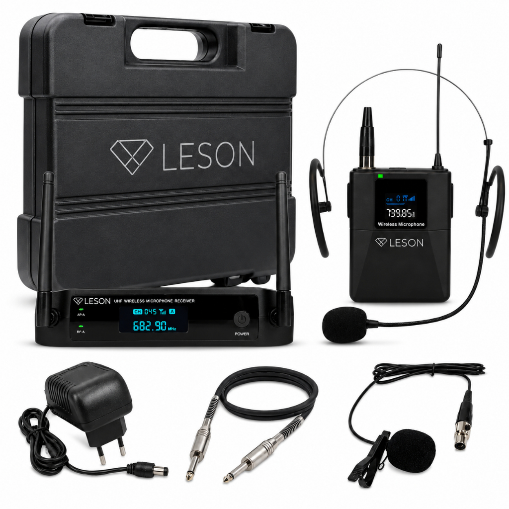 Microfone Sem Fio Duplo UHF Leson Headset Lapela Bastão 96 Canais P10 XLR