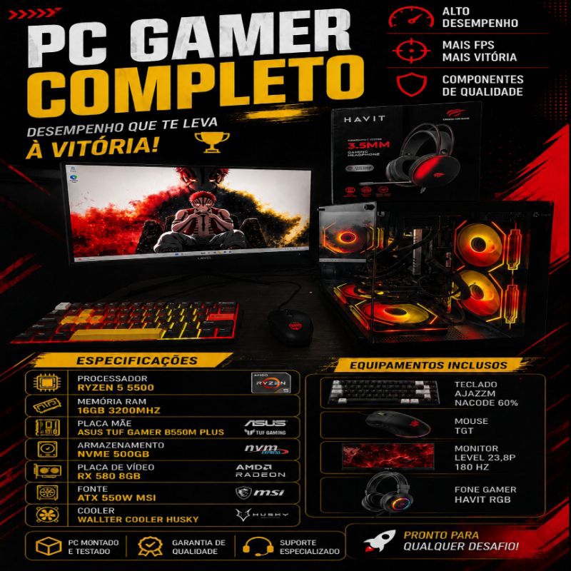 PC Gamer Ryzen Completo 500GB, Ryzen 5500, Fonte ATX 550w MSI, 16GB Ram