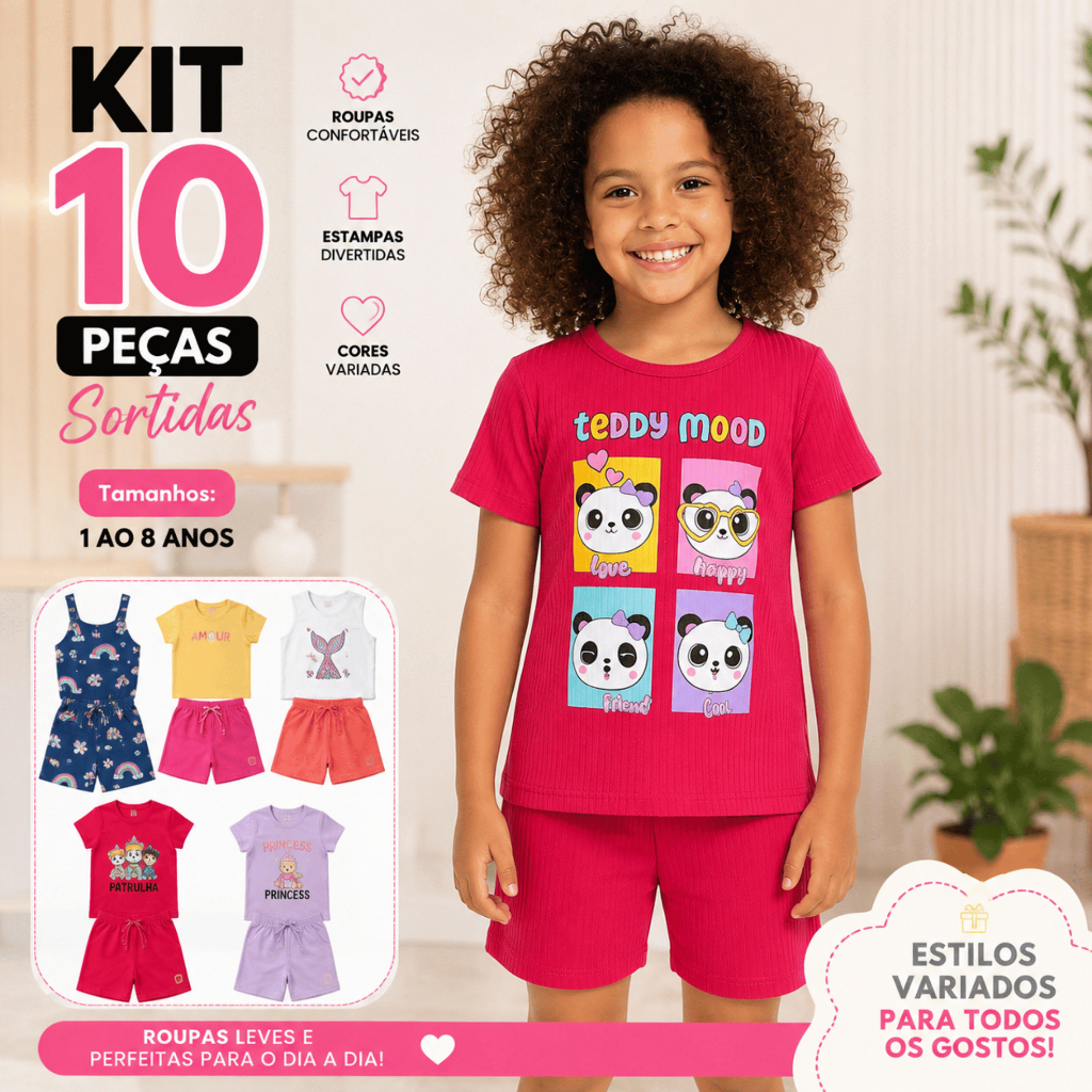 Kit Sortido 10 Peças Conjunto Infantil Feminino Menina Roupa de Verão Camiseta Short Looks Infantis 1 ao 8