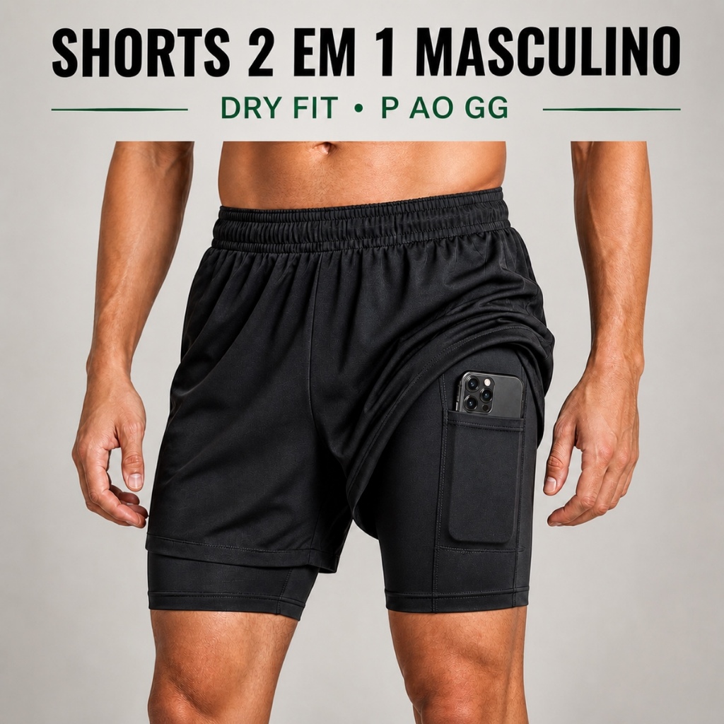 Shorts Masculino 2 em 1 Dry Fit com Bolso Interno P ao GG