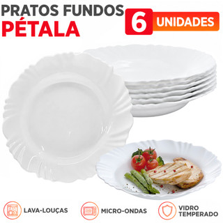 Kit 6 Pratos Fundo Pétala Nadir Duralex Vidro Temperado Branco Opaline prato Resistente mesa posta