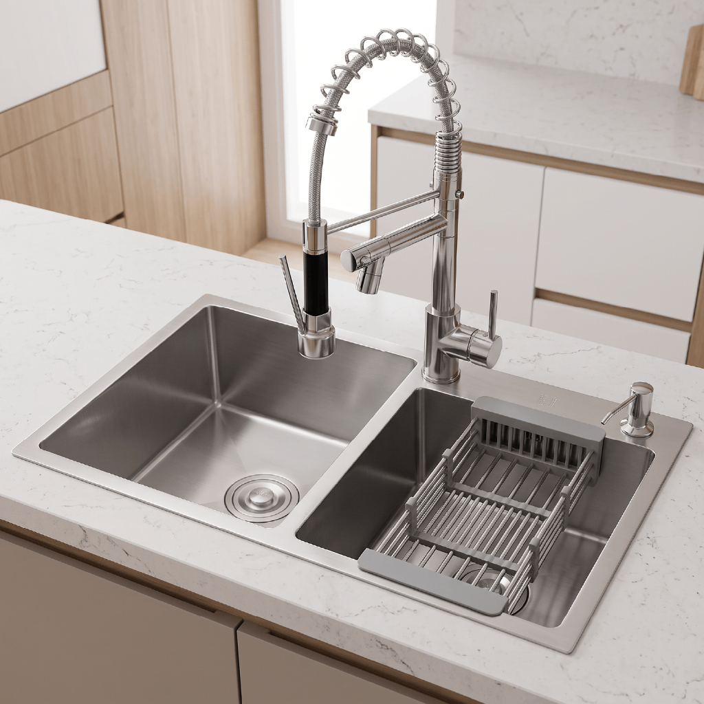 Cuba Dupla Quadrada Gourmet Aço Inox 78x43cm Cozinha Com Torneira Spray de Banca