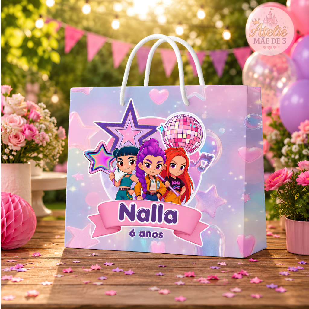 Kit Lembrancinhas Guerreiras Kpop Sacolinha De Papel Personalizada Festa Aniversario Infantil Menina 5 ou 10 Unid