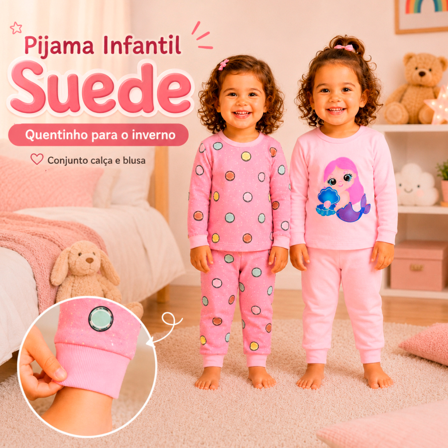 Pijama Infantil Menina Manga Longa Suede Inverno Quentinho Estampado Conjunto Calça E Blusa Juvenil  Varias Estampas