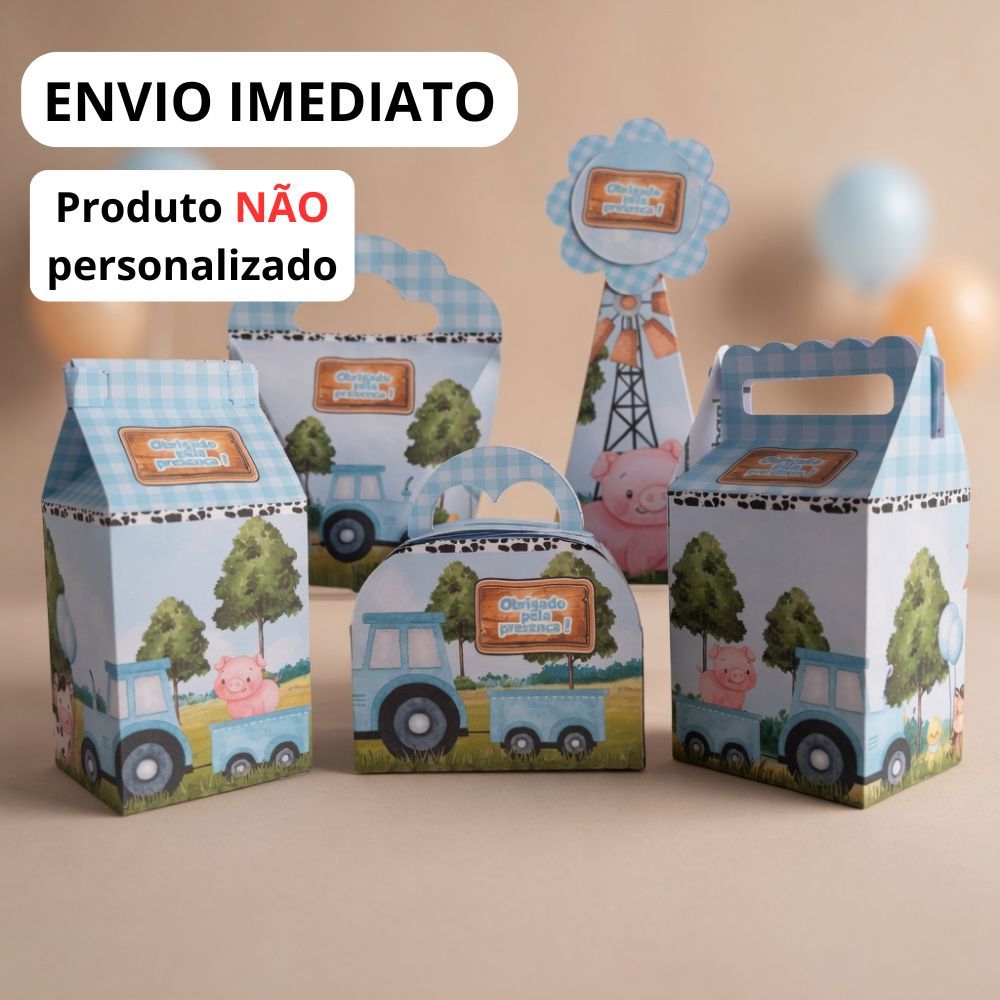 Kit Caixinhas Fazendinha Azul Personalizado Festa Infantil Aniversário Menino Decoração