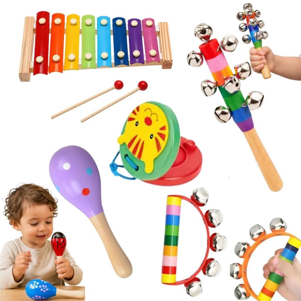 Brinquedo Sensorial Para Bebê Pequeno - Kit Chocalho E Instrumentos Musicais - Educativo Montessori 4 a 12 Meses