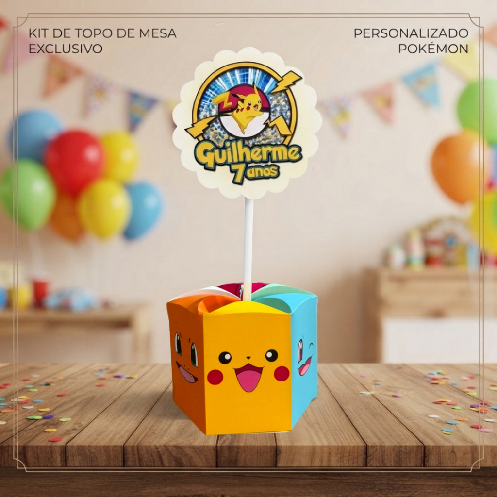 Centro de Mesa Pokemon - Caixa Sextavada - Tamanho G - Personalizado (PEGUE E MONTE)