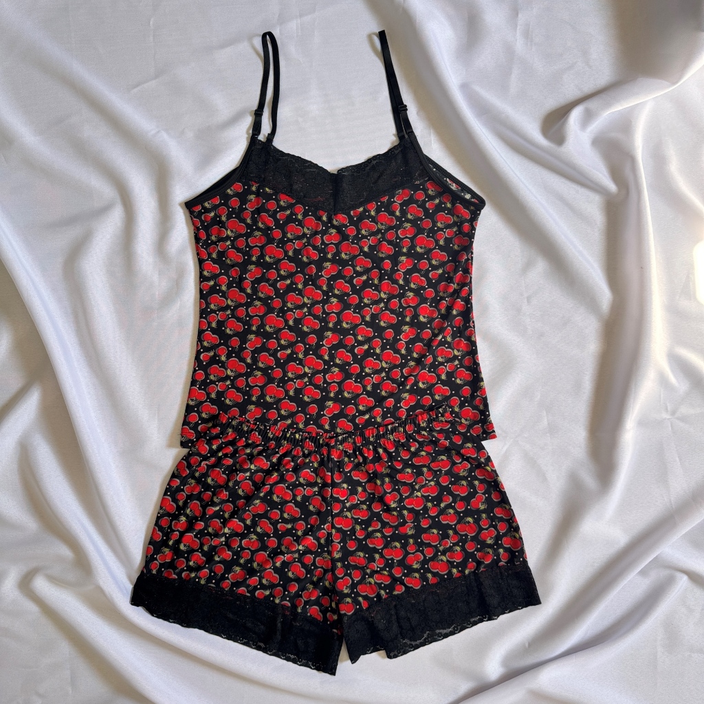 Baby Doll Feminino Liganete com Renda Alça Regulável Estampado Cereja Pijama Curto Premium Confortável Verão Fresquinho