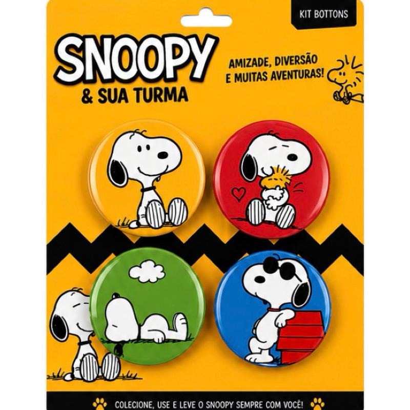 Kit Bottons Snoopy e Sua Turma 4 Unidades 3,2cm para Mochila Bolsa