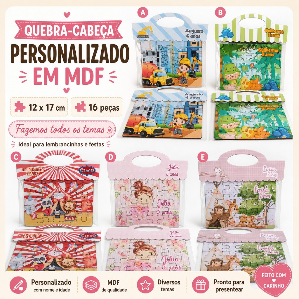 KIT COM 10/20/30 UNIDADES Quebra-Cabeça MDF Personalizado 16 Peças Lembrancinha de Aniversário Todos os Temas