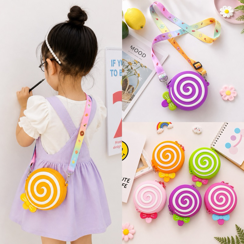 Bolsa Infantil Transversal de Silicone Com Alça Ajustável Pirulito