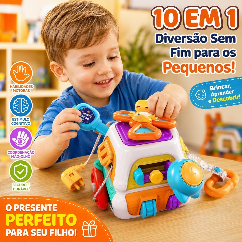Brinquedo Bebê 10 em 1 Cubo Montessori Atividades Motor Fino Desenvolvimento Natal Presente Infantil