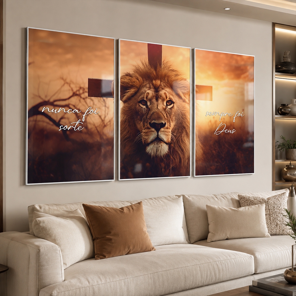 Quadro Decorativo Leão de Judá Nunca Foi Sorte Sempre Foi Deus Com Moldura 3 Tel
