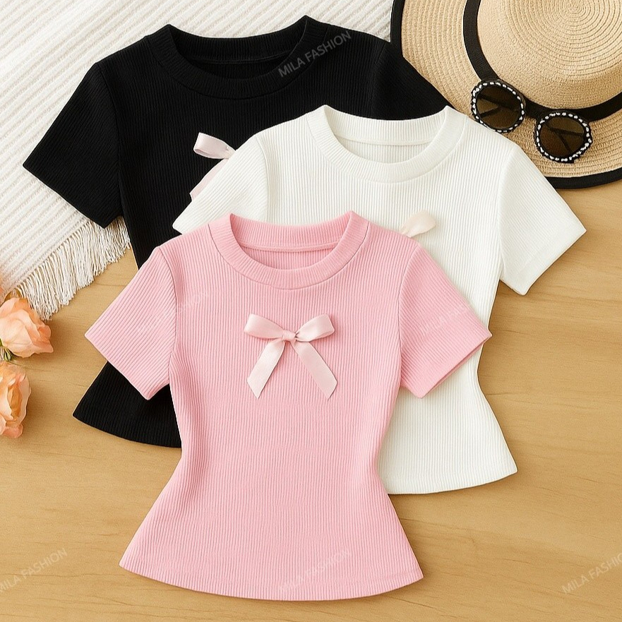 KIT 3 Blusas infantil menina manga curta com lacinho 4 a 12 anos