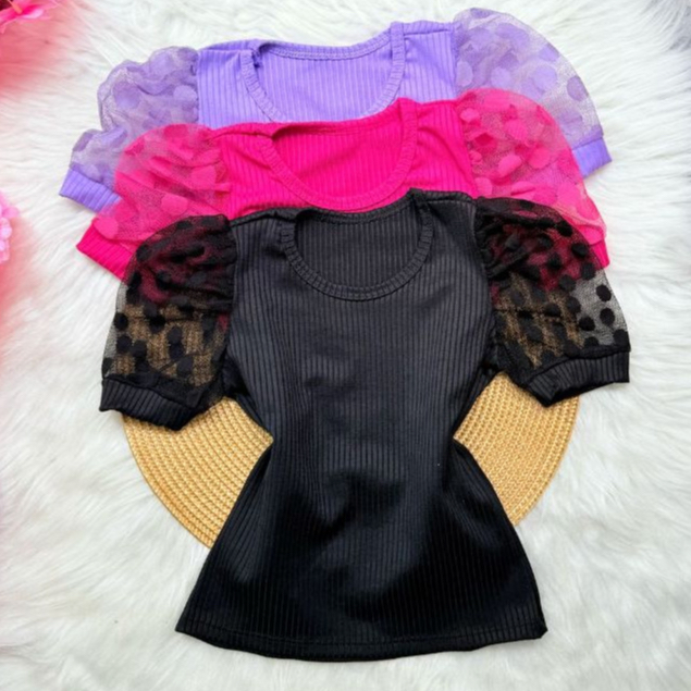 kit 2 Blusa infantil Manga Tule Princesa Bufante /Blusinha Tule Canelada Manga Curta