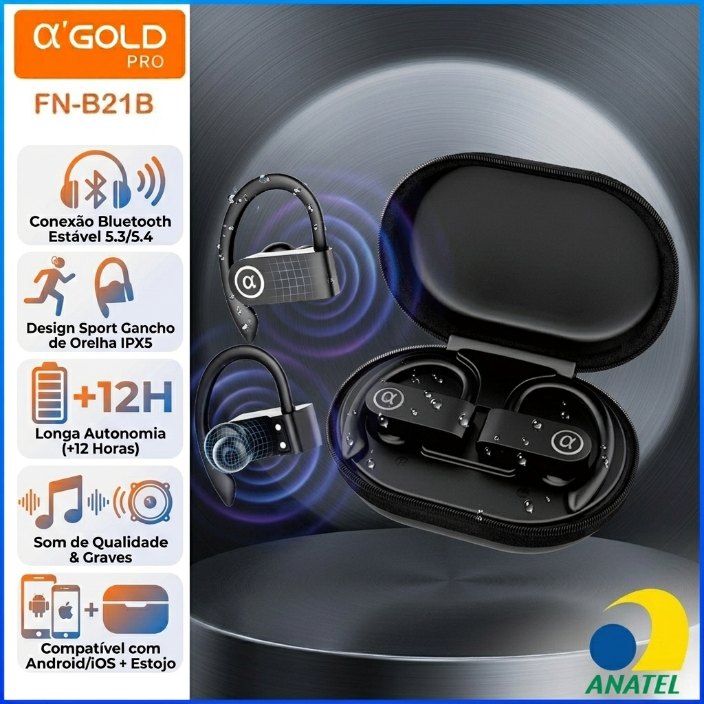 Fone De Ouvido Sem Fio Esportivo Bluetooth A’Gold  FN-B21B Gancho de Orelha IPX5 12H Som Potente | Iqdeal para Acadqemia