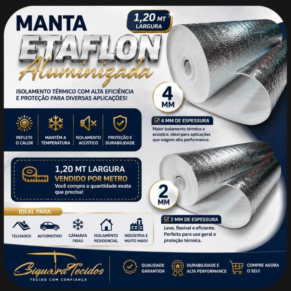MANTA TERMICA 2 MM e 4 MM DE *ESPESSURA* ETAFLON ALUMINIO (VENDA A PARTIR DE 1,00 M x 1,20 mt LARGURA)NÃO E AUTOCOLANTE