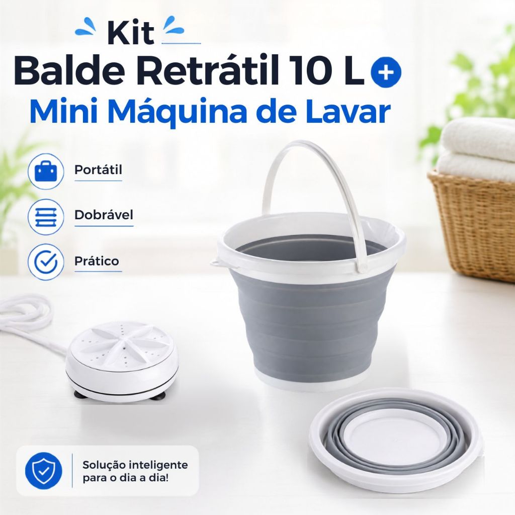Kit Balde Retrátil 3L 5L ou 10 L Silicone + Mini Máquina  de Lavar Roupas Portátil Usb