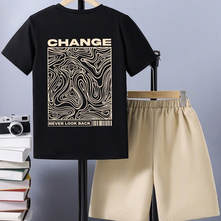 Conjunto de 2 peças para menino, Camiseta Estampada em Labirinto e Caleidoscópio+Shorts de tecido fresco