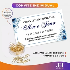 Convites/Senhas individuais Flores azul Royal marinho personalizado + mini clips dourados I Tam 6x4cm