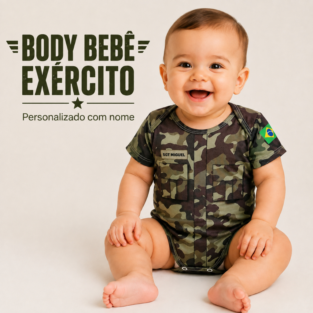 Body Bebê Exército Brasileiro Personalizado com Nome Militar Camuflado