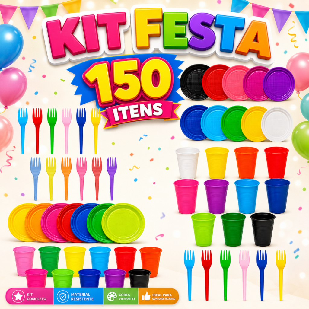 Kit 150 Itens Descartaveis 50 Prato + 50 Garfo + 50 Copo Festa 50 Pessoas