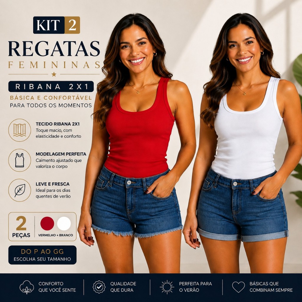 Kit 2 Regatas Femininas Ribana 2x1 Canelada Básica Confortável Casual Verão 26633-K2-C1