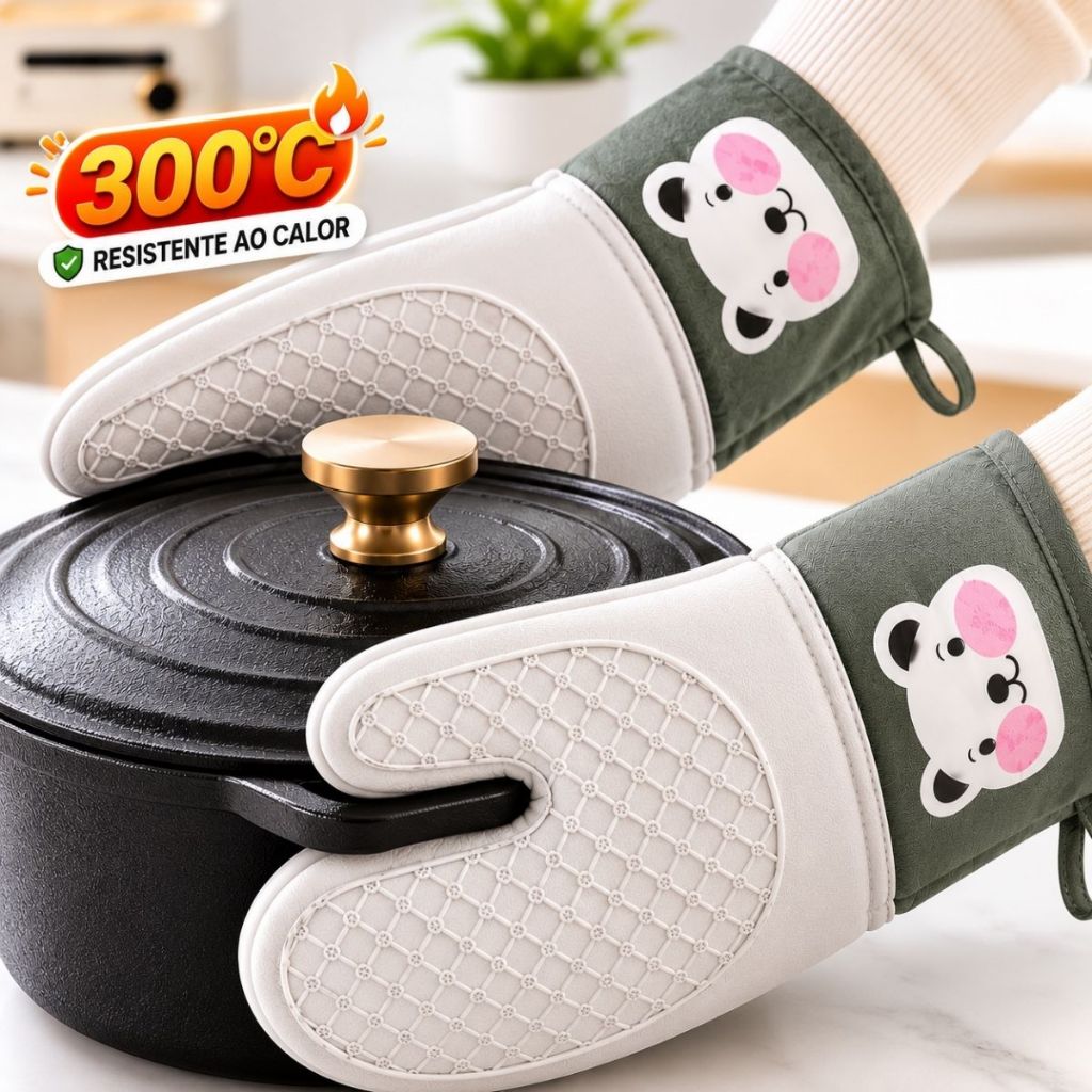 Kit 2 Luvas Térmicas de Forno Silicone Antiderrapante Ursinho para Air Fryer