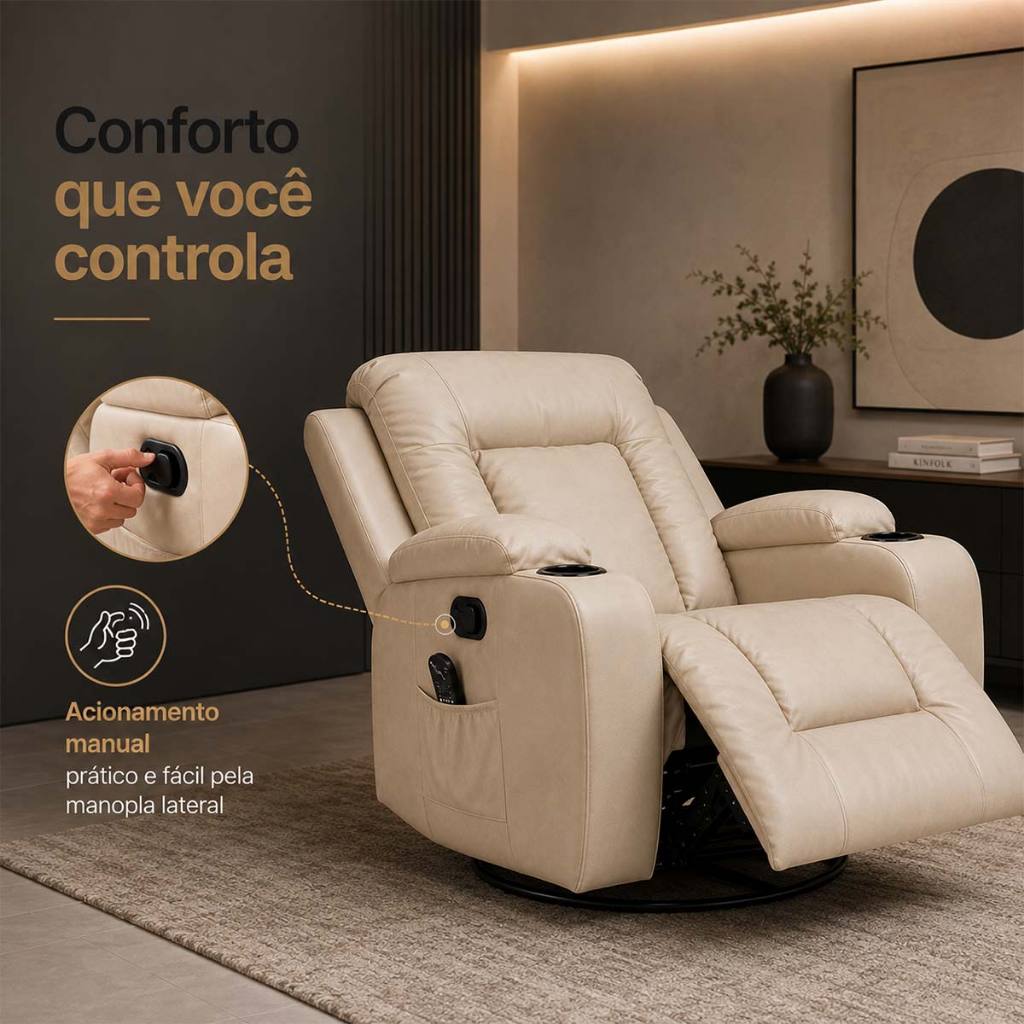 Poltrona Reclinável Poltrona Massageadora Poltrona Giratória Bege Poltrona do Papai Massagem Austin PU G94