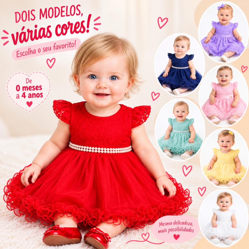 Vestido Recem Nascido à 4 Anos em Renda e Tulle Ideal Para Fotos Bebê MesVersário Batizado Natal