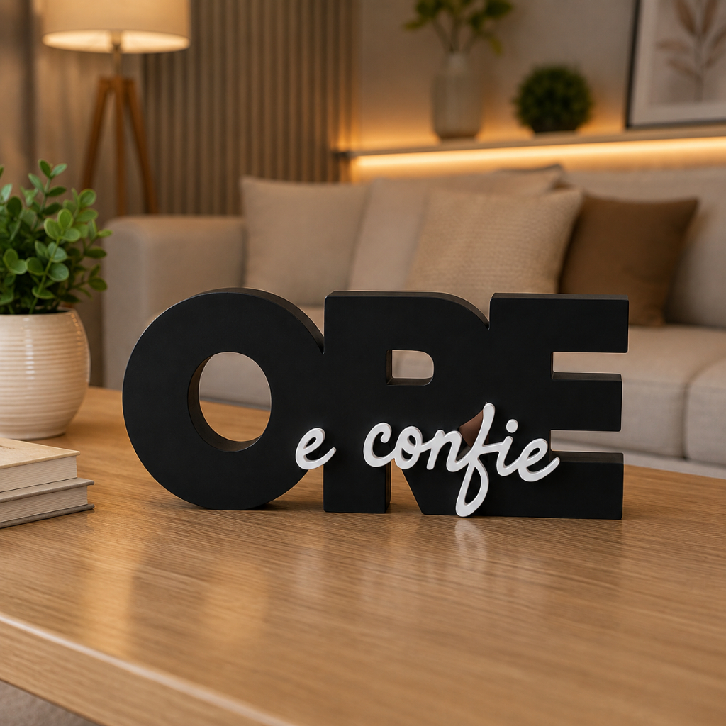 Letreiro Ore e Confie Decoração Cristã Placa Decorativa Fé Presente Religioso Sala Quarto Escritório