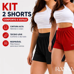 Kit 2 Peças Short Feminino Academia Cintura Alta Tactel com elastano Confortável Fitness Moda Verão
