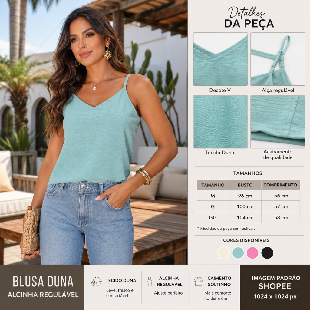 Blusinha Duna Feminina Regata Alcinha Regulavél  Confortavél Primavera Verão