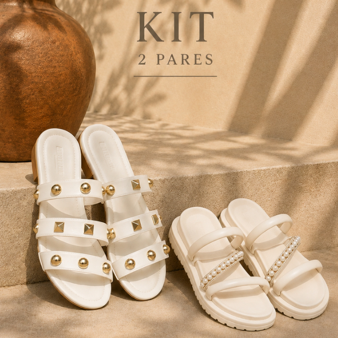Kit 2 Pares Femininos Off White | Rasteirinha + Papete Birken Flat com Strass Pérolas