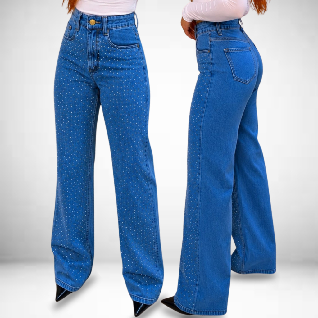 Calça Wide Leg Com Strass Brilhinhos Jeans Feminina 34 ao 48