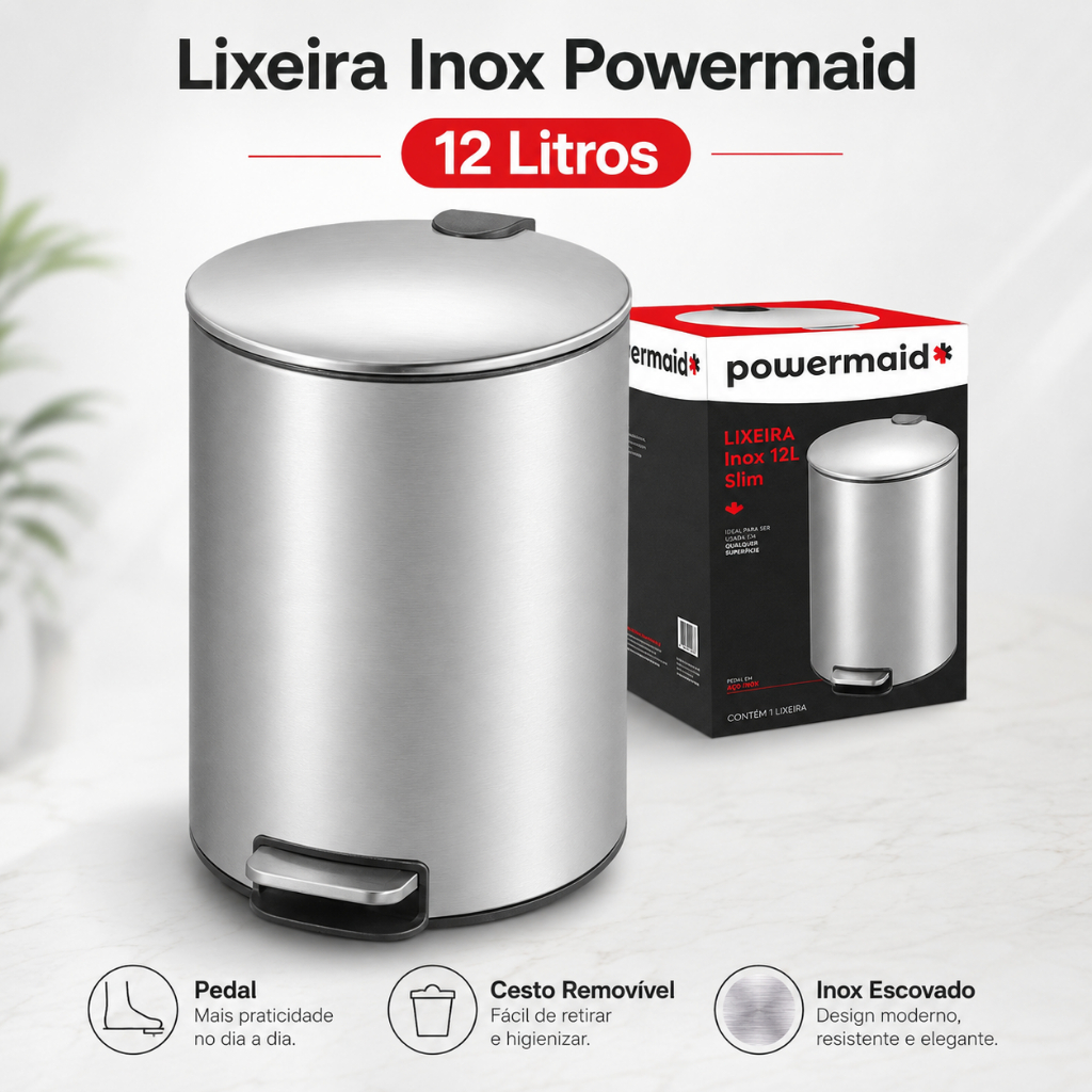 Lixeira Inox 12L com Pedal Cesto Removível Powermaid Slim Escovada Cozinha Banheiro lavabo