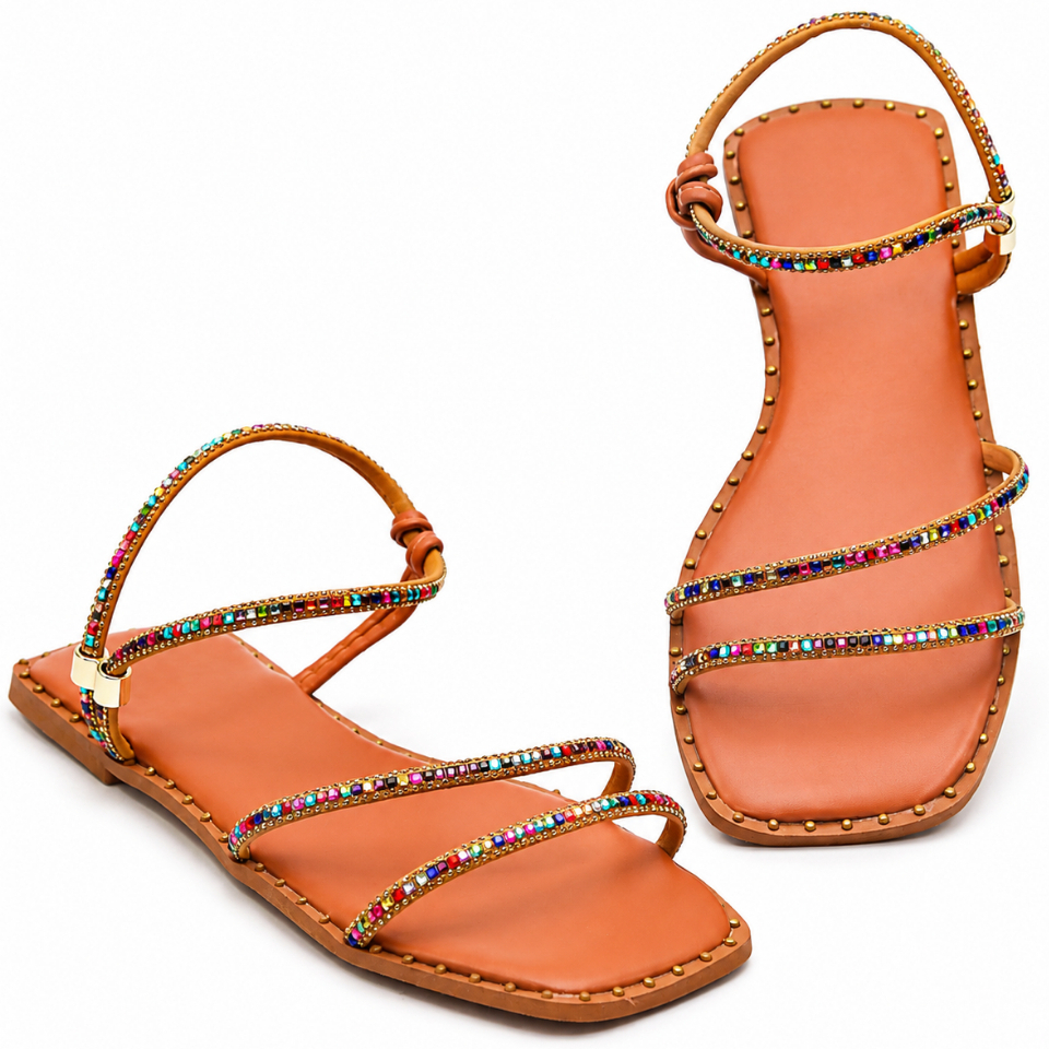 Sandália Feminina Rasteirinha Exclusiva Brilho Stras Colorido Ajustável Confortável Moda Tendência