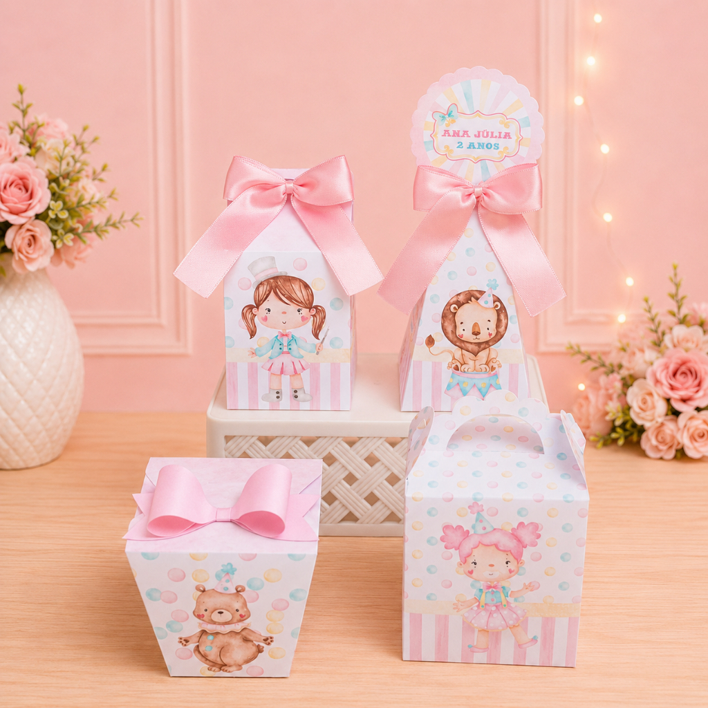 Personalizados Circo Rosa kit festa lembrancinha caixinhas mimos aniversário infantil Papelaria Personalizada