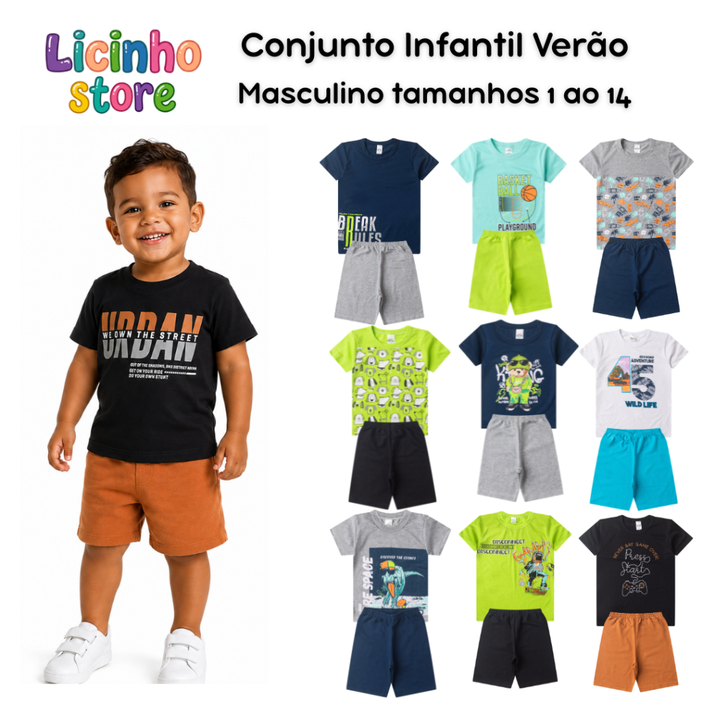 Conjunto 2 peças Roupas Infantil Menino 1 Conj.=1 Camiseta +1 Bermuda Moletinho-Tam. 1 ao 14-Sortido