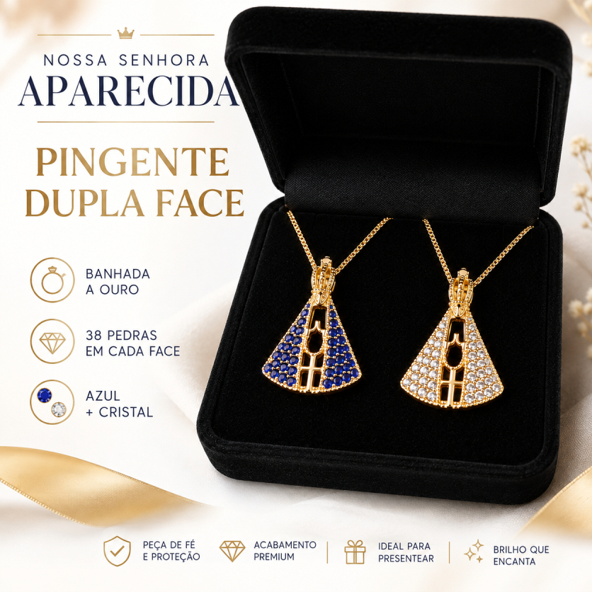 Colar Nossa Senhora Aparecida folheado ouro 18k com estojo pingente banhado cravejado zirconia