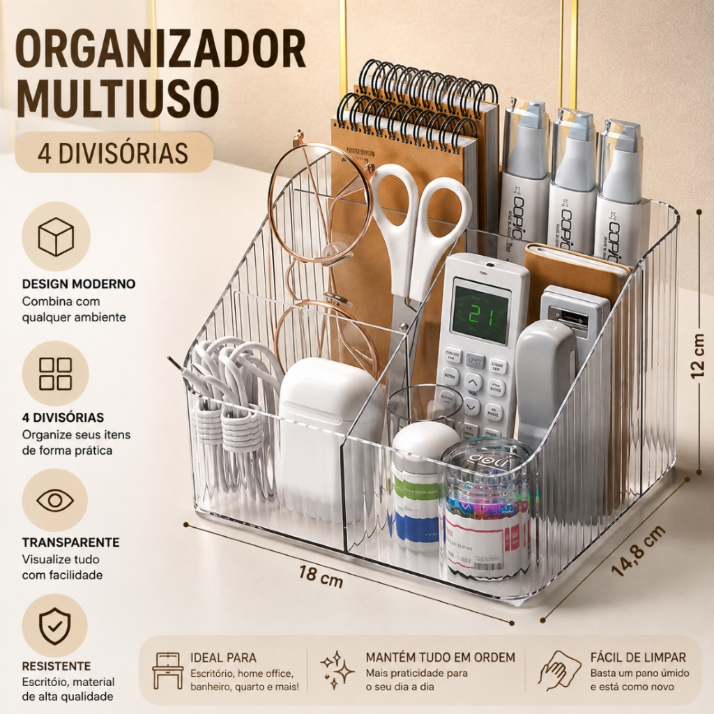 Organizador Multiuso Transparente de Mesa com 4 Divisórias Porta Maquiagem e Acessórios
