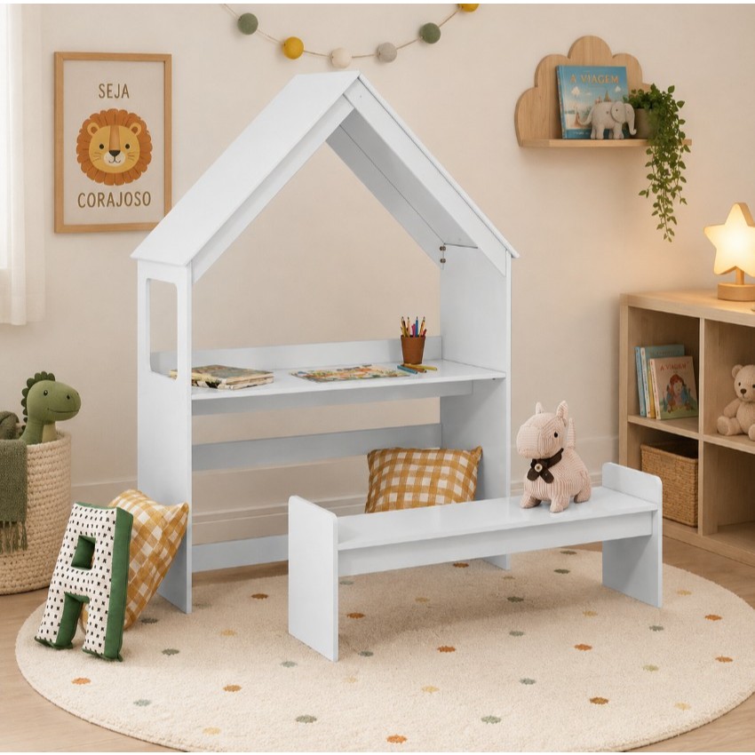 Mesa Escrivaninha Infantil Montessoriana Casinha em MDF Popy Móveis Peroba