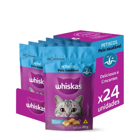 24 unidades Ração Whiskas Snacks Pelo Saudável 40g