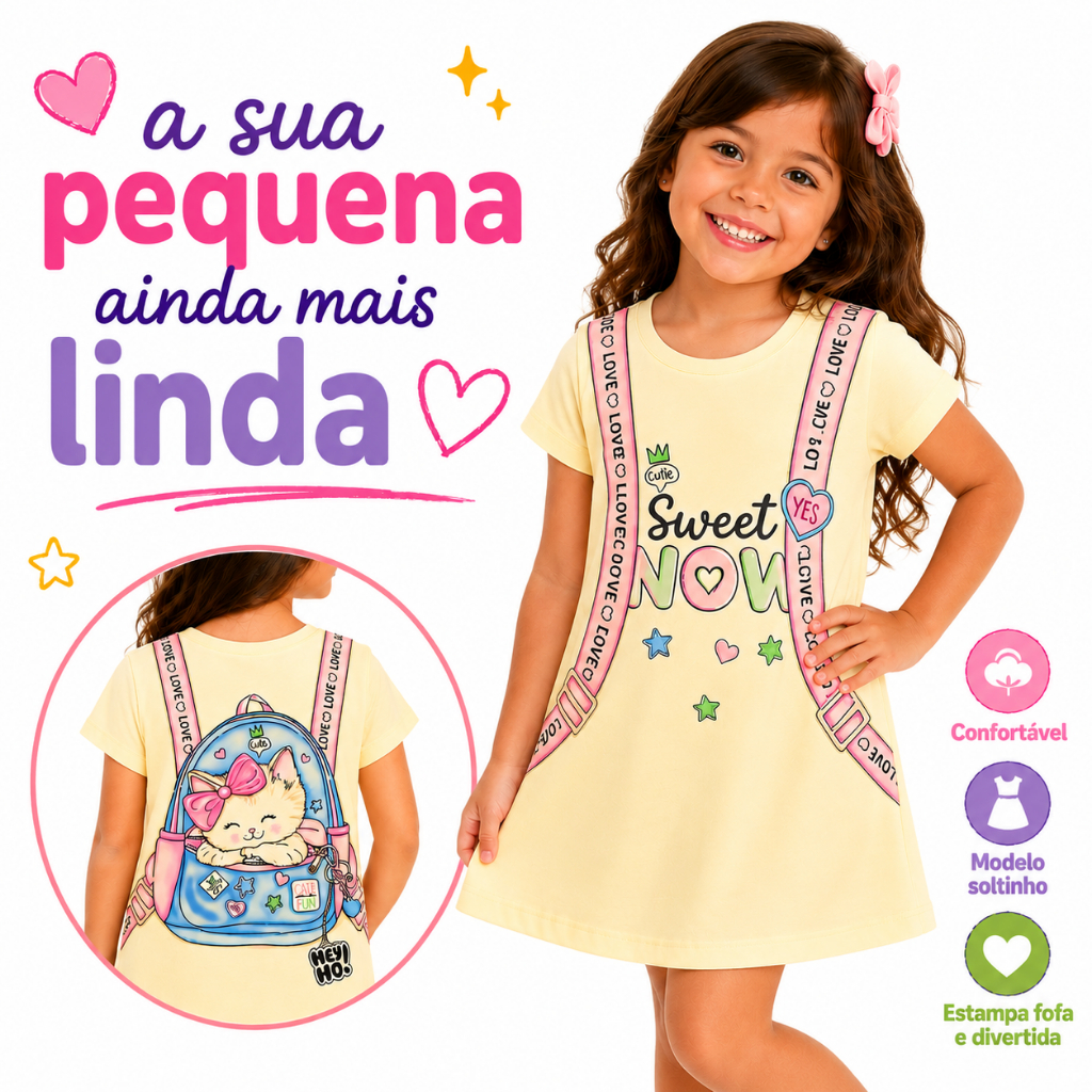 Vestido Infantil Menina / Vestido Amarelo / Estampado Gatinho / Vestido Manga Curta