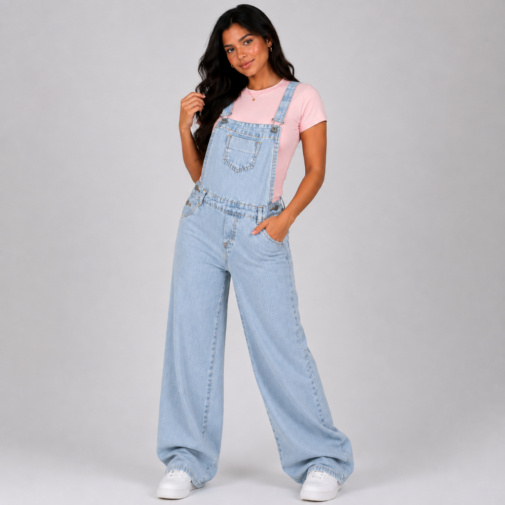 Jardineira calça marmorizada jeans com bolso frontal juvenil 10 ao 16 macacão