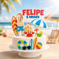 Topo de Bolo Personalizado Praia com Foto e Nome | Tema Férias Verão | Mesversário Bebê Aniversário Infantil