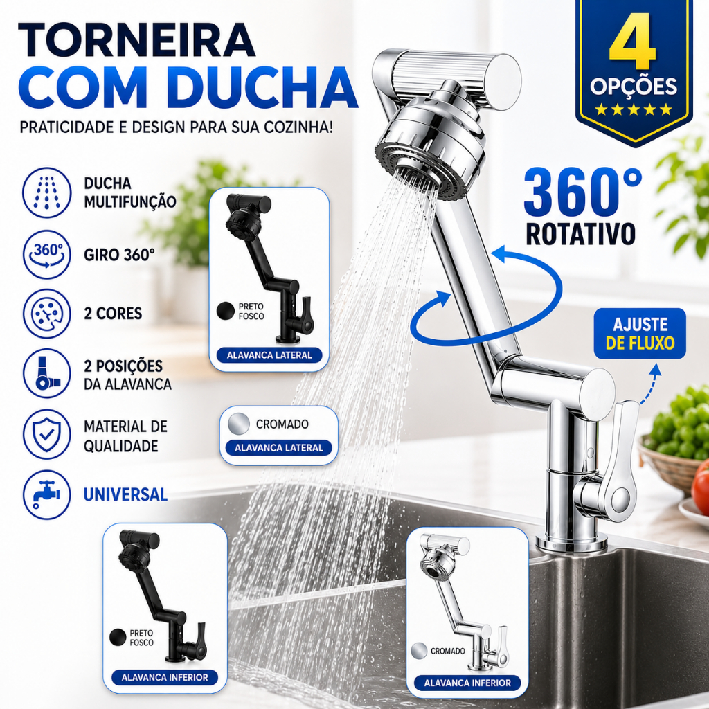 Torneira Articulada 360° com Ducha 4 Modos para Cozinha e Banheiro Giratória Multiuso